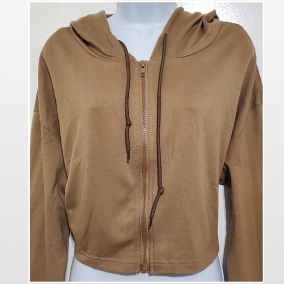 Large Tan Cropped Long Sleeve Hoodie Zip Up Top - Picture 2 of 11